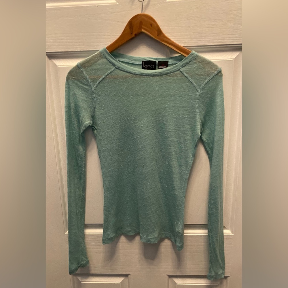 PRE-OWNED KERSH WOMEN'S LONG SLEEVE LINEN TEE- MINT GREEN- SMALL